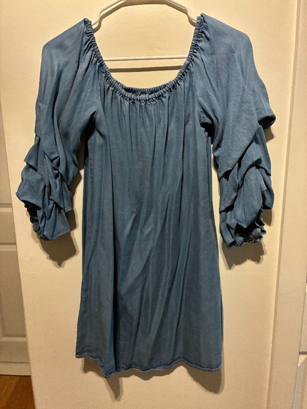 Zara Woman Premium Denim Off-Shoulder Chambray Dress Tiered Ruffle Sleeves Size